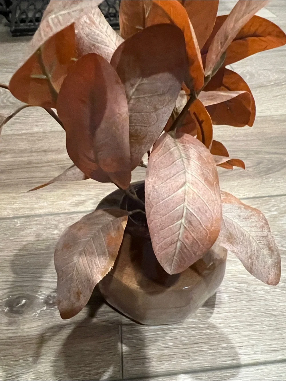 Rust Brown Faux Foliage Arrangement in Tan Ceramic Vase
